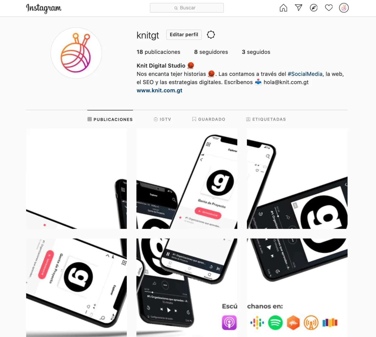 El perfil de Knit en Instagram con un mosaico de 9 publicaciones